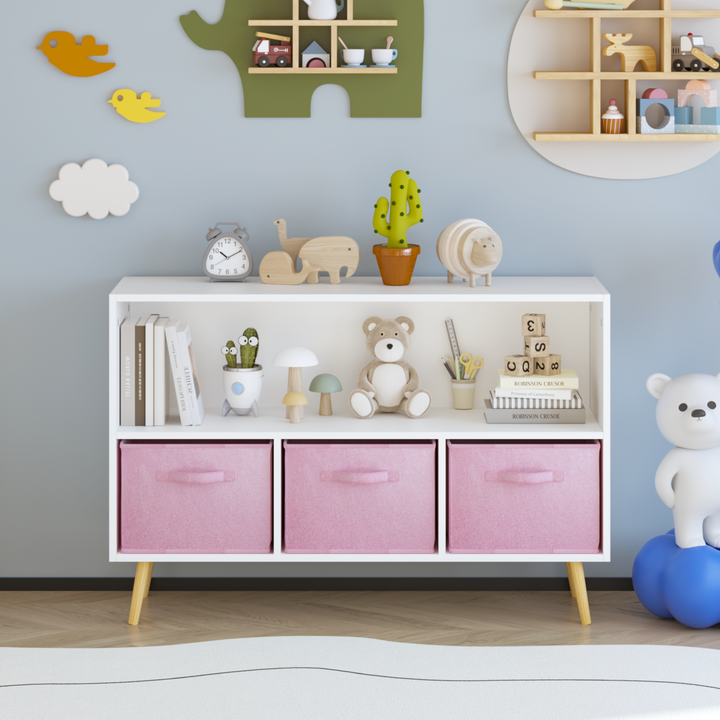 Modern Kids Bookcase with Collapsible Fabric Drawers, Children&