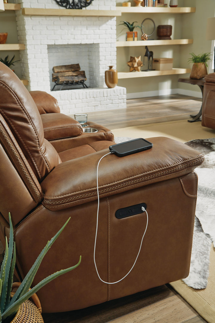 Fenwick Leather Power Reclining Loveseat with Console &amp; Power Headrests in Cognac