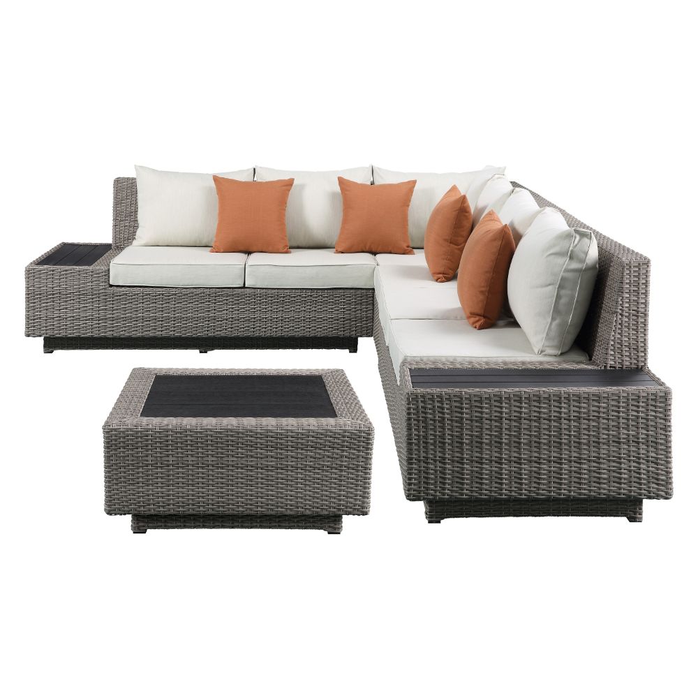Salena Patio Sectional Sofa with 4 Pillows & Coffee Table in Beige Fabric & Gray Wicker