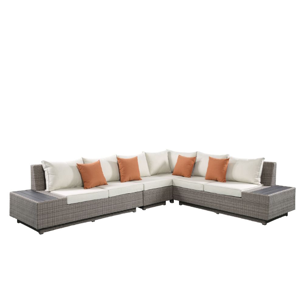 Salena Patio Sectional Sofa with 4 Pillows & Coffee Table in Beige Fabric & Gray Wicker