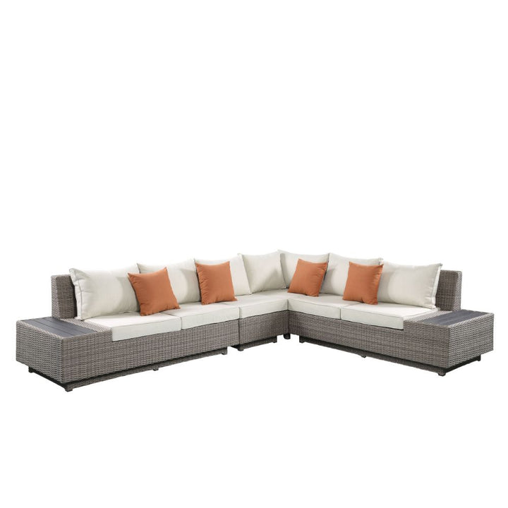 Salena Patio Sectional Sofa with 4 Pillows &amp; Coffee Table in Beige Fabric &amp; Gray Wicker