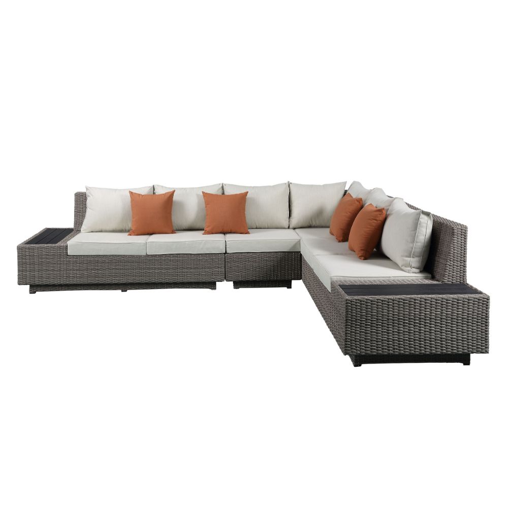 Salena Patio Sectional Sofa with 4 Pillows & Coffee Table in Beige Fabric & Gray Wicker