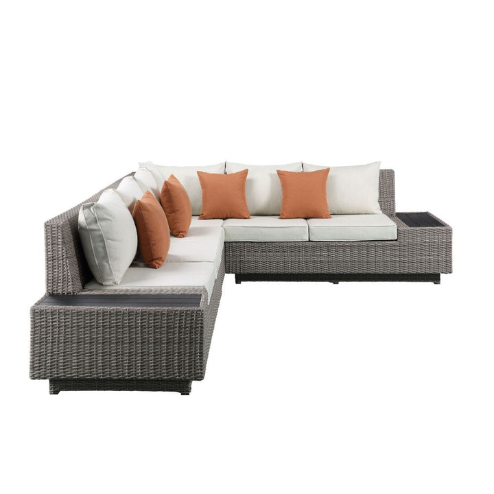 Salena Patio Sectional Sofa with 4 Pillows &amp; Coffee Table in Beige Fabric &amp; Gray Wicker