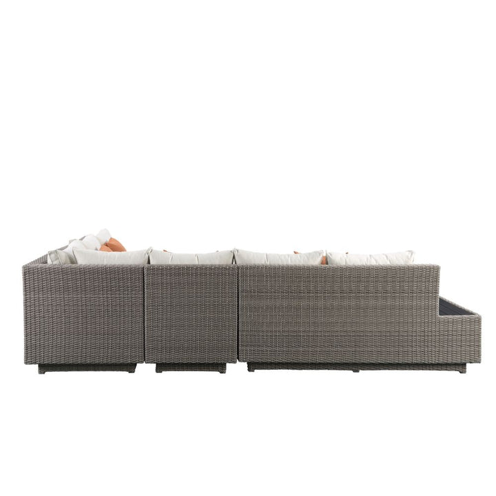 Salena Patio Sectional Sofa with 4 Pillows &amp; Coffee Table in Beige Fabric &amp; Gray Wicker