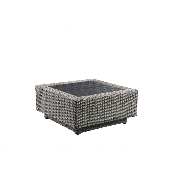 Salena Patio Sectional Sofa with 4 Pillows &amp; Coffee Table in Beige Fabric &amp; Gray Wicker