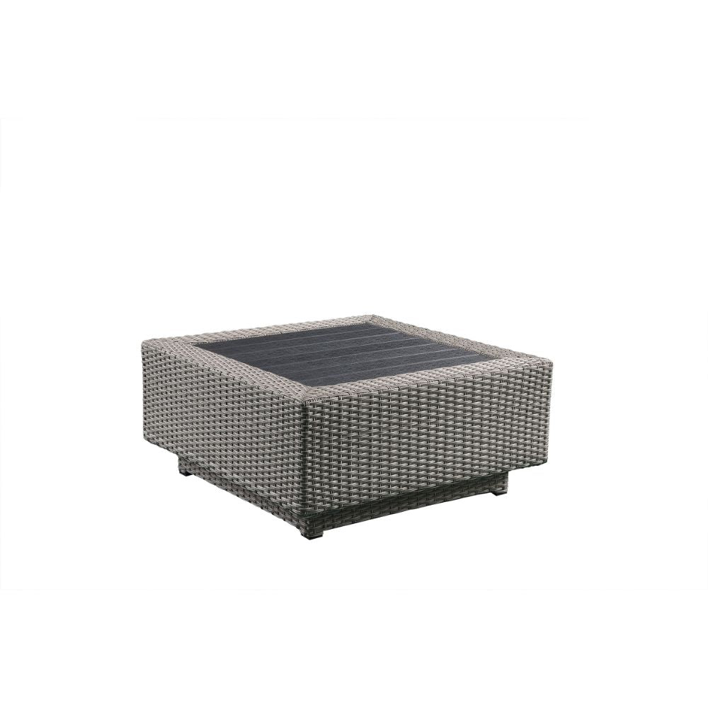 Salena Patio Sectional Sofa with 4 Pillows & Coffee Table in Beige Fabric & Gray Wicker