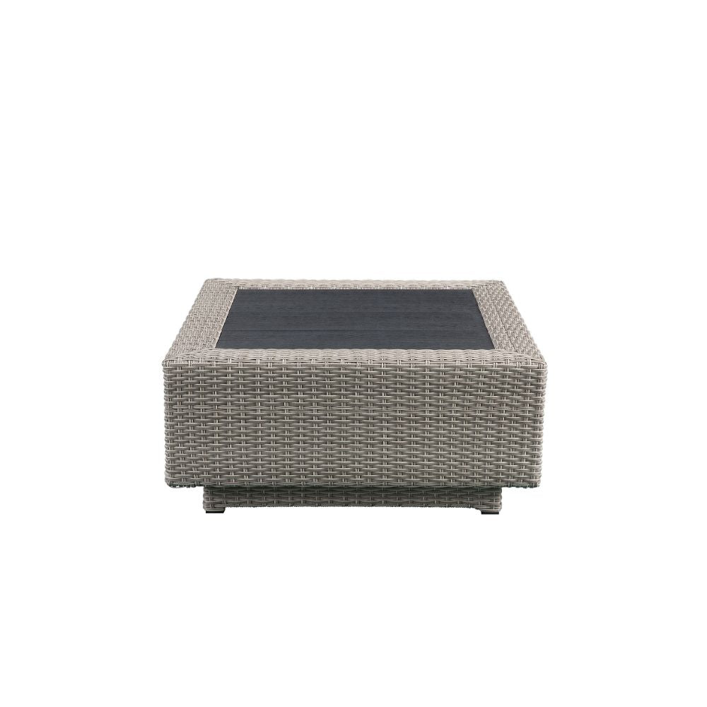 Salena Patio Sectional Sofa with 4 Pillows & Coffee Table in Beige Fabric & Gray Wicker