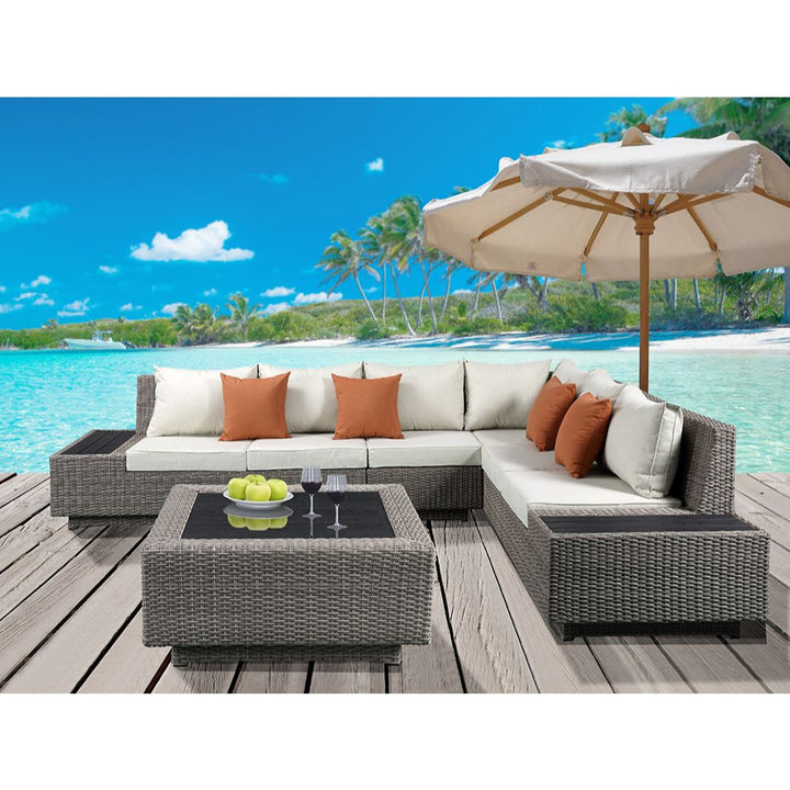 Salena Patio Sectional Sofa with 4 Pillows &amp; Coffee Table in Beige Fabric &amp; Gray Wicker