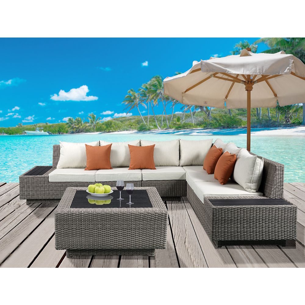 Salena Patio Sectional Sofa with 4 Pillows & Coffee Table in Beige Fabric & Gray Wicker