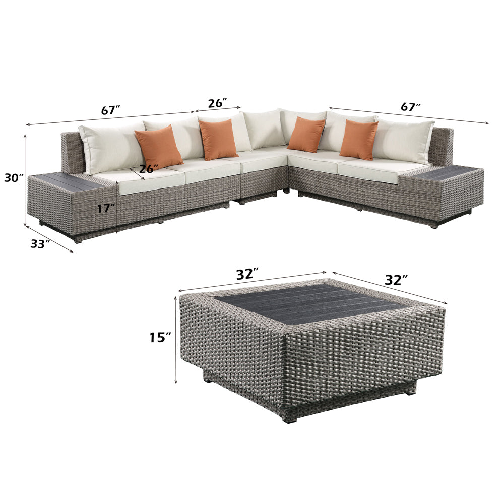 Salena Patio Sectional Sofa with 4 Pillows & Coffee Table in Beige Fabric & Gray Wicker - dimensions