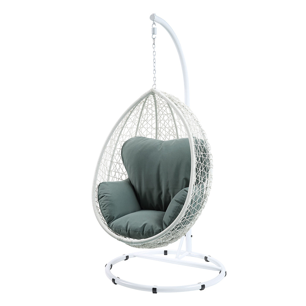 Simona Hanging Chair in Green Fabric & White Wicker