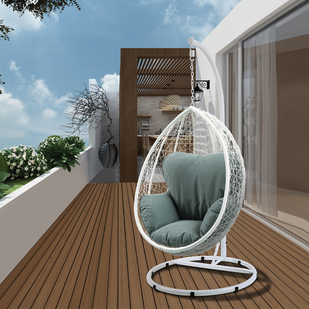 Simona Hanging Chair in Green Fabric & White Wicker