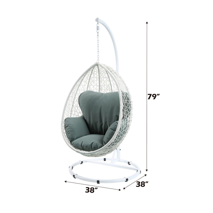 Simona Hanging Chair in Green Fabric &amp; White Wicker - dimensions