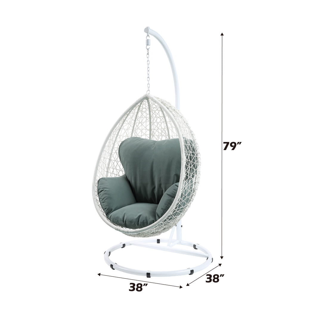 Simona Hanging Chair in Green Fabric & White Wicker - dimensions
