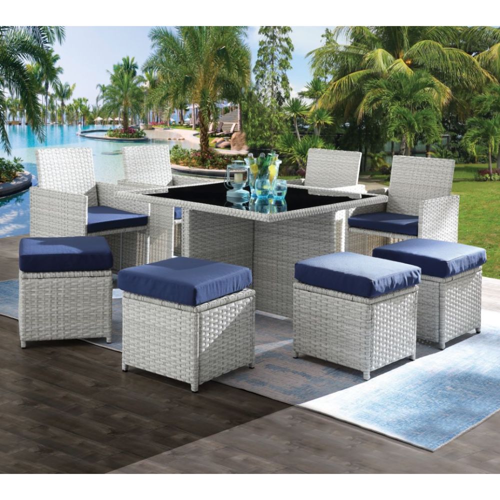 Paitalyi 9PC Bistro Set in Blue Fabric & Wicker