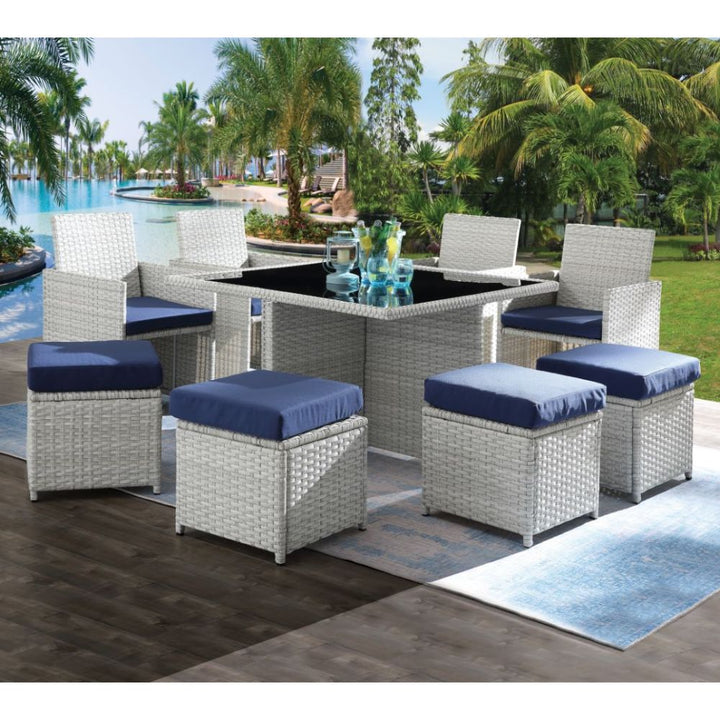 Paitalyi 9PC Bistro Set in Blue Fabric &amp; Wicker