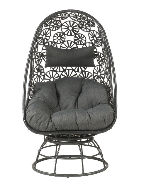 Hikre Patio Lounge Chair &amp; Side Table in Clear Glass, Charcoal Fabric &amp; Black Wicker