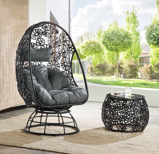Hikre Patio Lounge Chair &amp; Side Table in Clear Glass, Charcoal Fabric &amp; Black Wicker