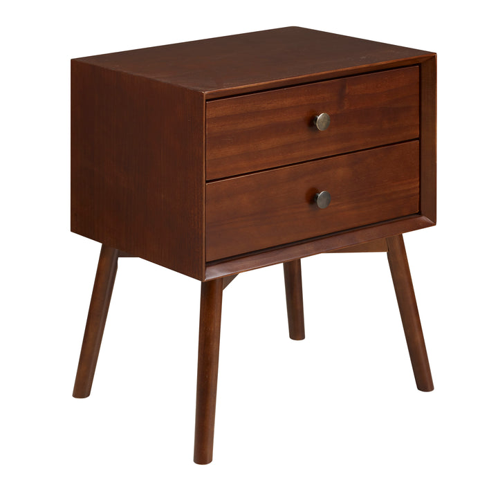 Mid-Century Modern Double-Drawer Solid Wood Nightstand - Walnut Finish - Pine Wood