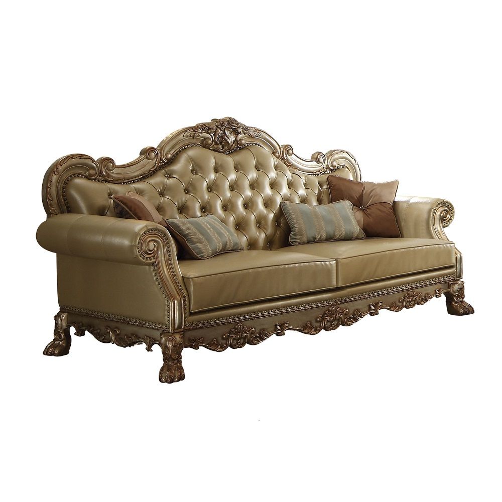 Dresden - Sofa With 4 Pillows - Bone Synthetic Leather & Gold Patina