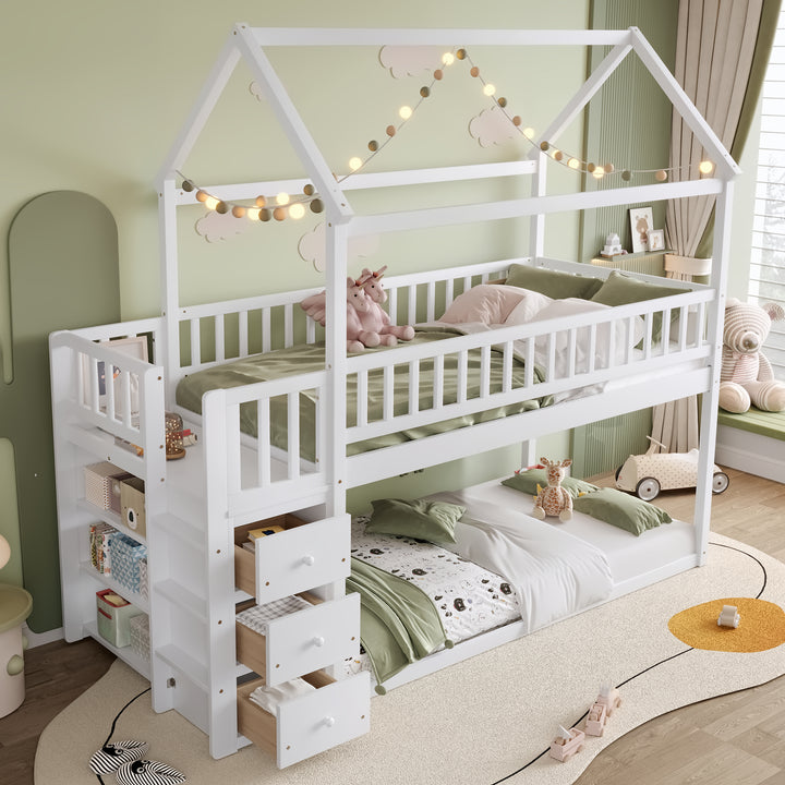 TWIN/TWIN HOUSE BUNK BED WITH SHELVES AND DRAWERS, WHITE COLOR