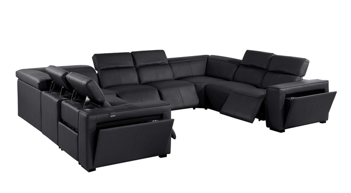 DivanItalia 1224 8-Piece U-Shaped Sectional Sofa in Top Grain Italian Leather with 4 Power Recliners &amp; Power Headrests – No Console - Black