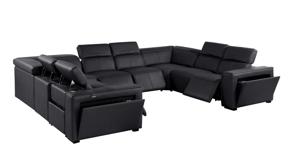 DivanItalia 1224 8-Piece U-Shaped Sectional Sofa in Top Grain Italian Leather with 4 Power Recliners & Power Headrests – No Console - Black