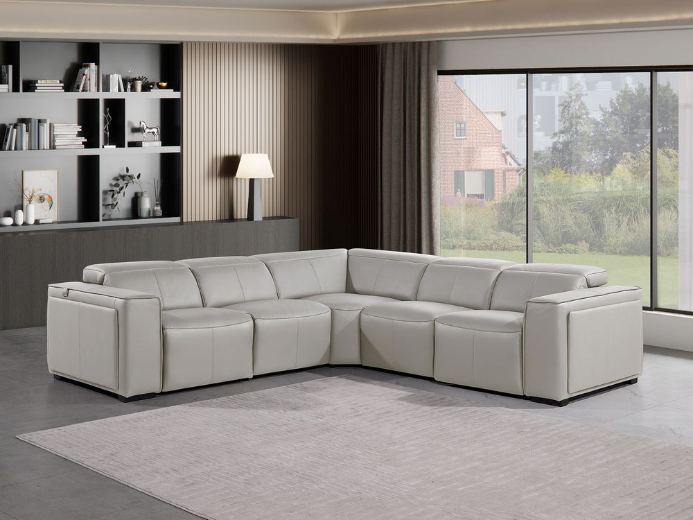 DivanItalia 1224 5-Piece L-Shaped Sectional Sofa in Top Grain Italian Leather with 3 Power Recliners & Power Headrests - Light Gray