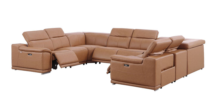 DivanItalia 9762 8-Piece U Shaped Top Grain Italian Leather Sectional Sofa with 4 Power Recliners – No Console - Cognac