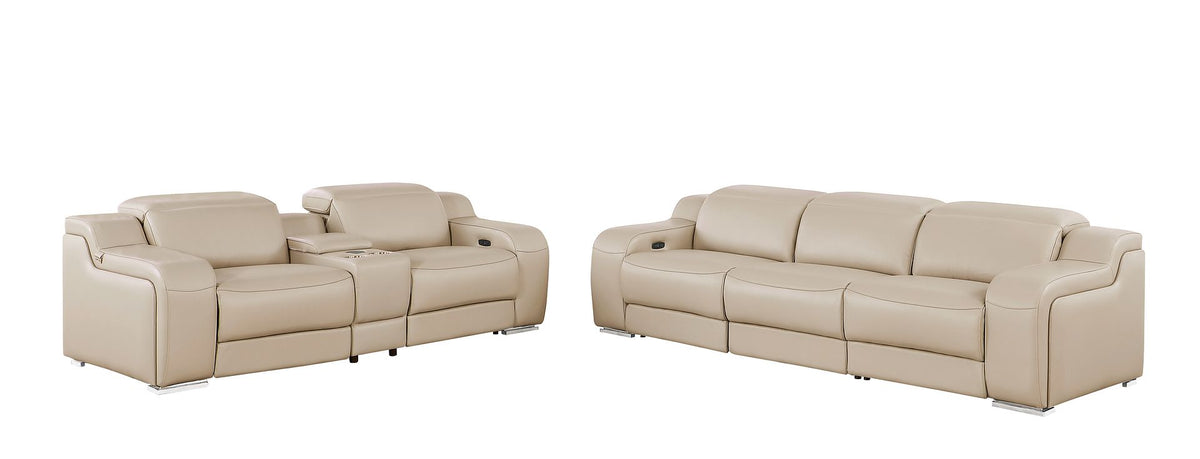 DivanItalia 1116 6-Piece Modular Power Reclining Sofa and Console Loveseat Set in Top Grain Italian Leather with 5 Power Recliners & Power Headrests - Beige