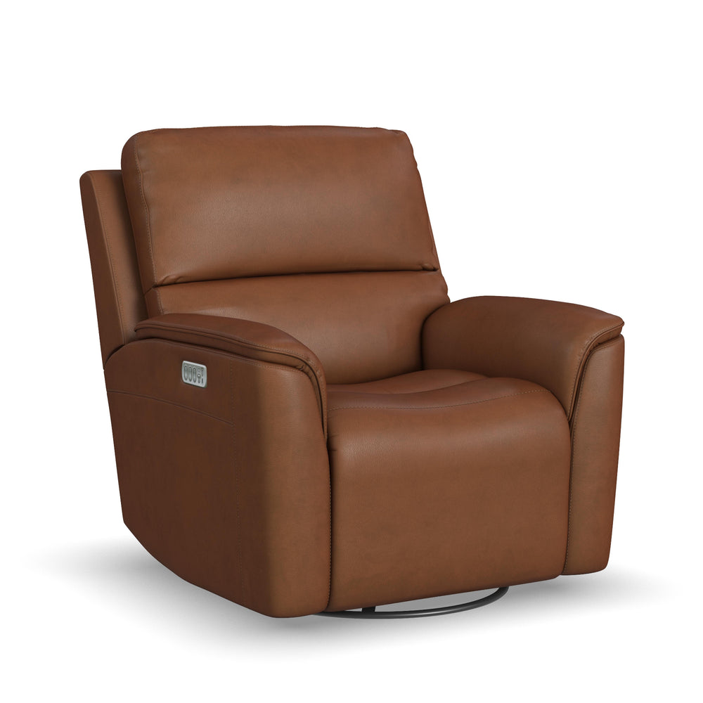 Flexsteel Henry Caramel Leather Power Swivel Glider Recliner with Power Headrest, Lumbar, Heat & Massage
