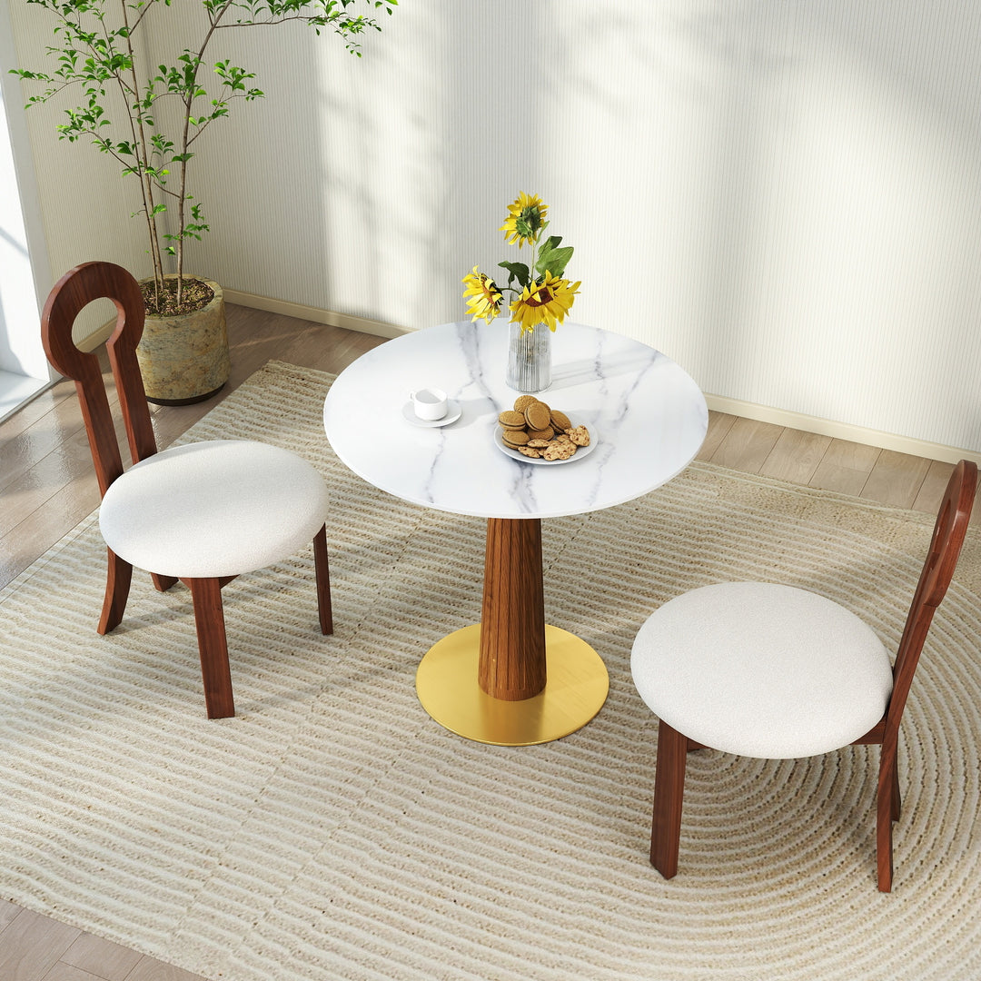 Modern Round  Sintered Stone Dining Table, with Wooden Leg & Gold Base,  White-Brown