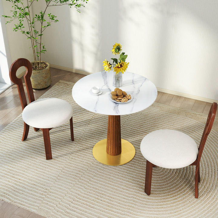Modern Round  Sintered Stone Dining Table, with Wooden Leg & Gold Base,  White-Brown