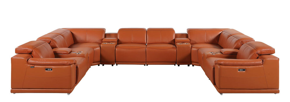 DivanItalia 9762 12-Piece U Shaped Top Grain Italian Leather Sectional Sofa with 4 Power Recliners - Camel