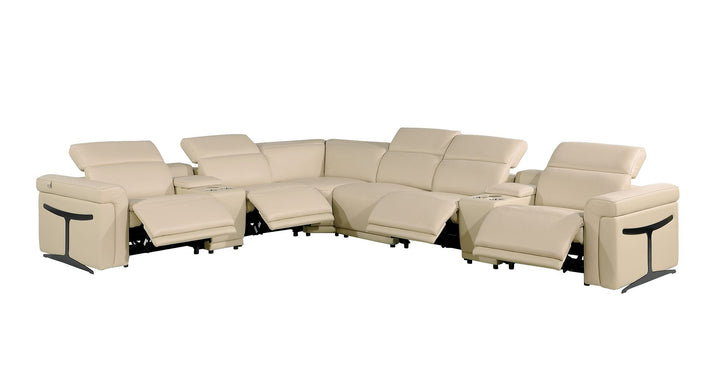 DivanItalia 1126 8-Piece L-Shaped Sectional Sofa in Top Grain Italian Leather with 4 Power Recliners &amp; Power Headrests - Beige