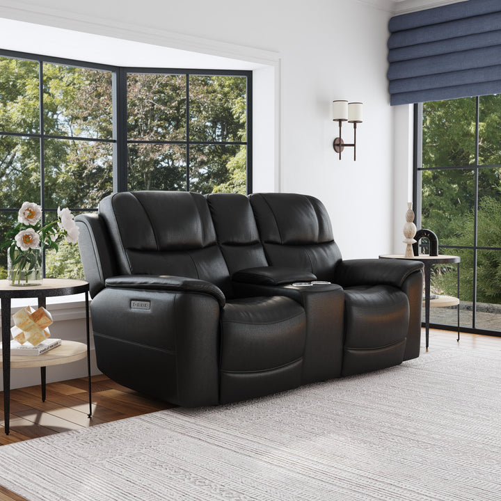 Crew Leather Power Reclining Loveseat with Console, Power Headrests &amp; Lumbar in Raven