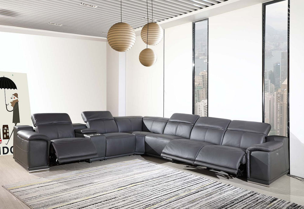 DivanItalia 9762 7-Piece L Shaped Top Grain Italian Leather Sectional Sofa with 3 Power Recliners - Dark Gray