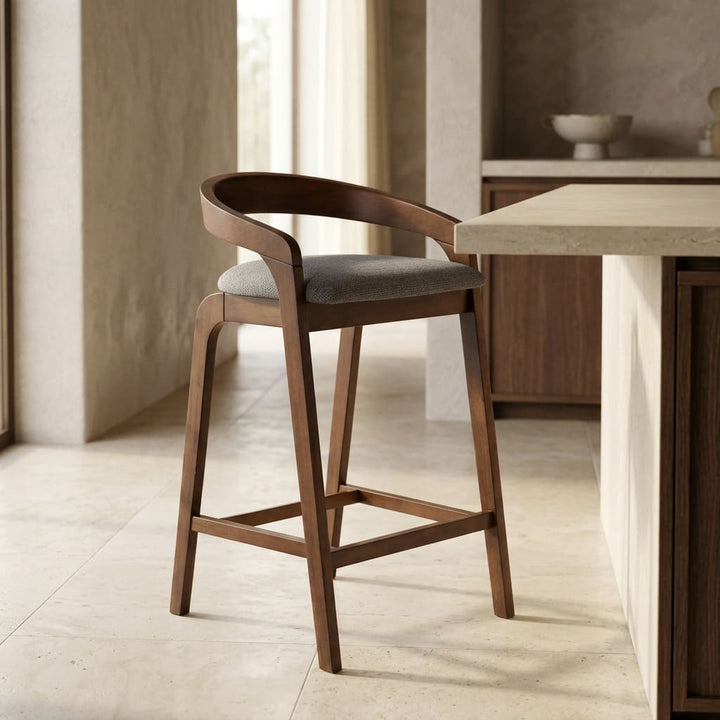 Vougler - Modern Grey Fabric + Walnut Counter Chair (Set of 2)