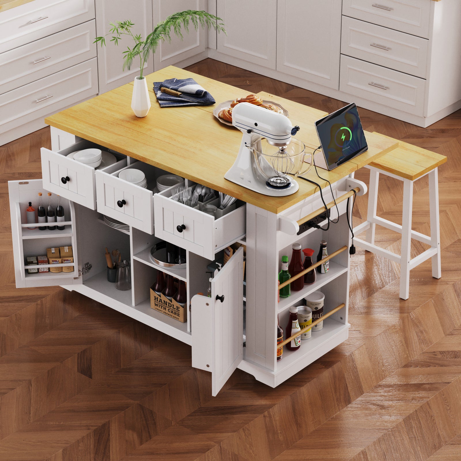 53" Large White Kitchen Island Cart with Drop Leaf, Power Outlet, Storage Racks & 5 Wheels