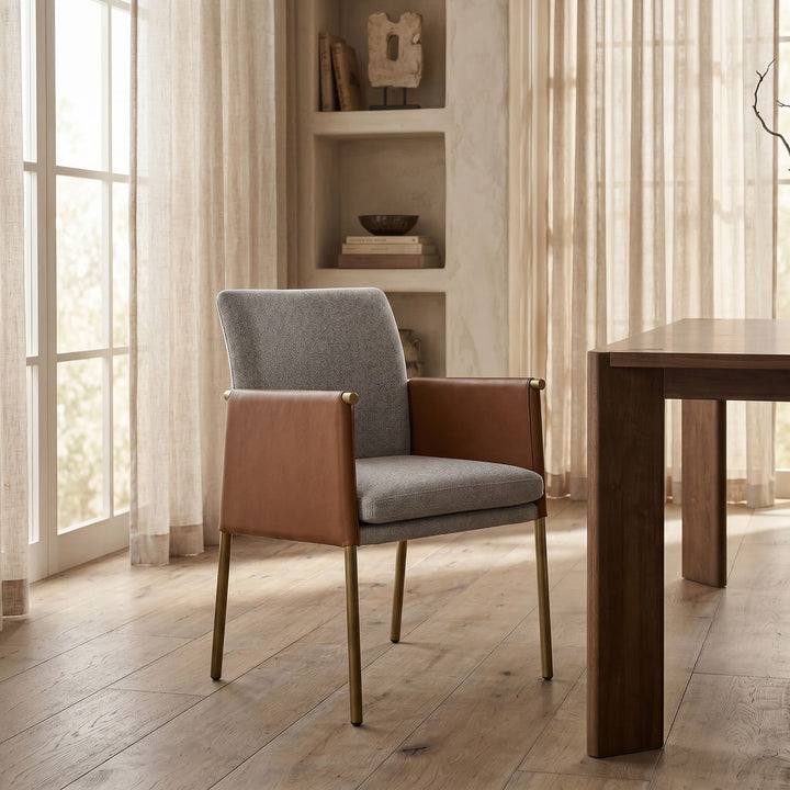 Pettit - Modern Light Grey/ Camel and Brass Arm Dining Chair