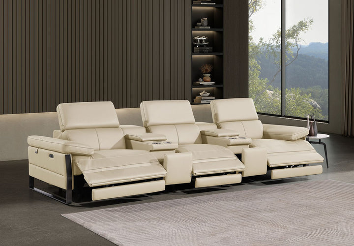 DivanItalia 1246 Modular Power Triple Reclining Dual Console Sofa with Power Reclining Headrests – Top Grain Italian Leather - Beige