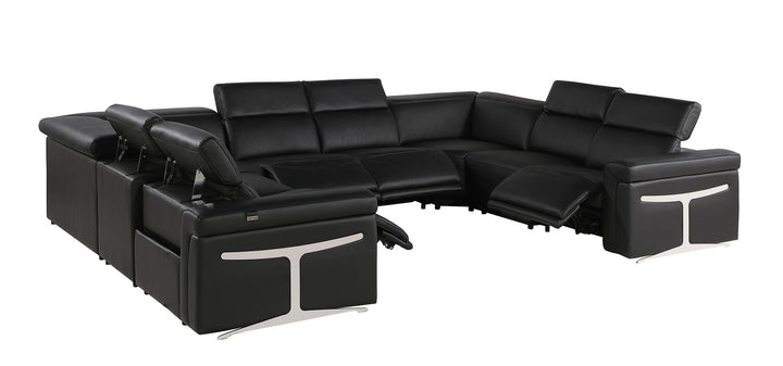 DivanItalia 1126 8-Piece U-Shaped Sectional Sofa in Top Grain Italian Leather with 4 Power Recliners &amp; Power Headrests – No Console - Black