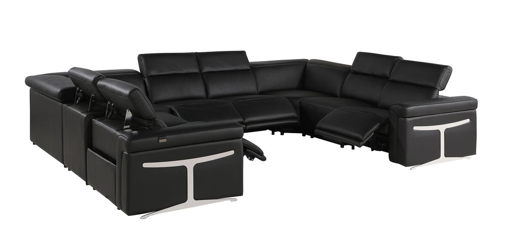 DivanItalia 1126 8-Piece U-Shaped Sectional Sofa in Top Grain Italian Leather with 4 Power Recliners & Power Headrests – No Console - Black