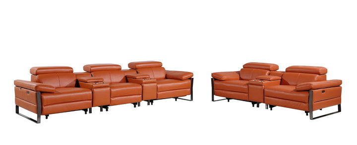 DivanItalia 1246 Modular Power Reclining Dual Console Sofa and Console Loveseat Set with Power Headrests – Top Grain Italian Leather - Camel