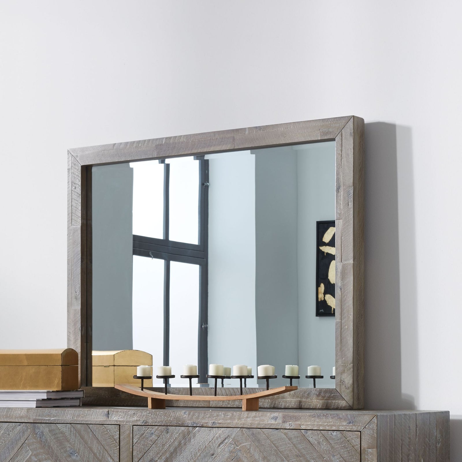 Modus Furniture 5Qs383 Herringbone Solid Wood Beveled Glass Mirror In Rustic Latte