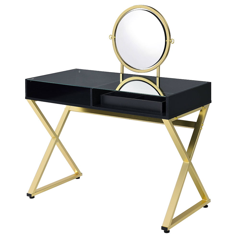 Coleen - Vanity Desk With Mirror & Jewelry Tray - Black & Gold
