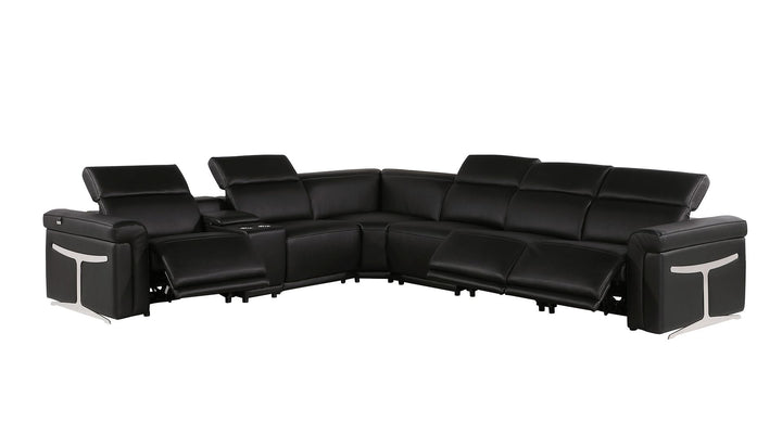 DivanItalia 1126 7-Piece L-Shaped Sectional Sofa in Top Grain Italian Leather with 3 Power Recliners &amp; Power Headrests - Black