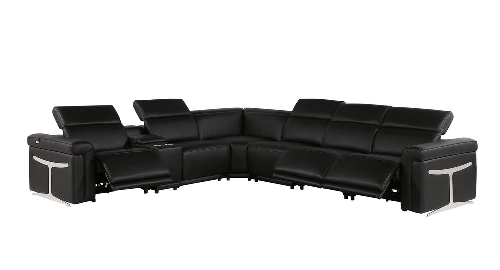 DivanItalia 1126 7-Piece L-Shaped Sectional Sofa in Top Grain Italian Leather with 3 Power Recliners & Power Headrests - Black
