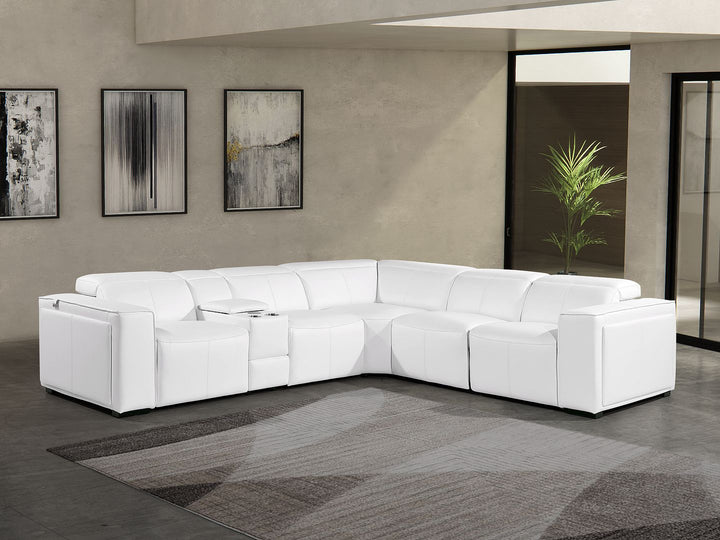 DivanItalia 1224 6-Piece L-Shaped Sectional Sofa in Top Grain Italian Leather with 3 Power Recliners &amp; Power Headrests - White