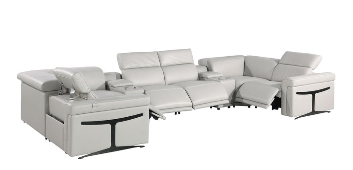 DivanItalia 1126 8-Piece U-Shaped Sectional Sofa in Top Grain Italian Leather with 4 Power Recliners &amp; Power Headrests – with Console - Light Gray